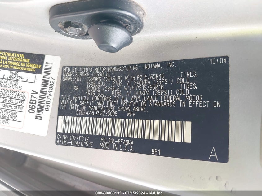 2005 Toyota Sienna Xle VIN: 5TDZA22CX5S235095 Lot: 39860133