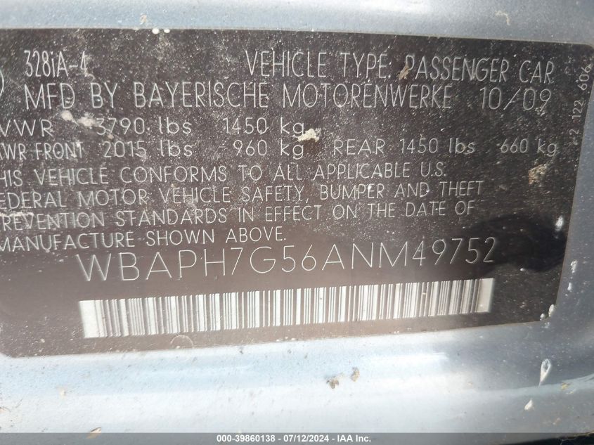 2010 BMW 328 I VIN: WBAPH7G56ANM49752 Lot: 39860138