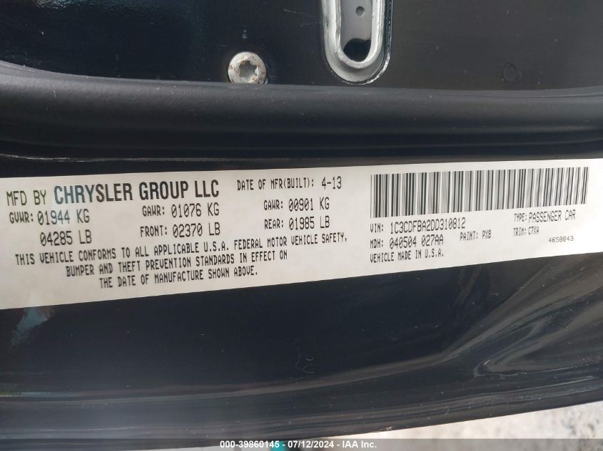 2013 Dodge Dart Sxt VIN: 1C3CDFBA2DD310812 Lot: 39860145