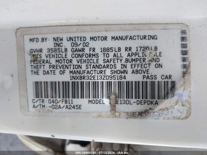 2003 Toyota Corolla Ce VIN: 1NXBR32E13Z095184 Lot: 39860150