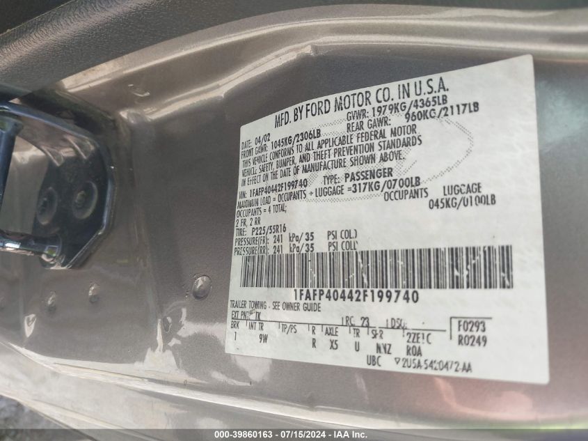 2002 Ford Mustang VIN: 1FAFP40442F199740 Lot: 39860163