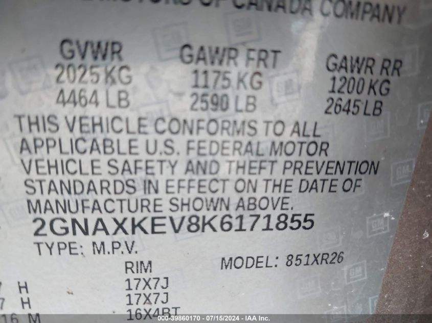 2019 Chevrolet Equinox Lt VIN: 2GNAXKEV8K6171855 Lot: 39860170