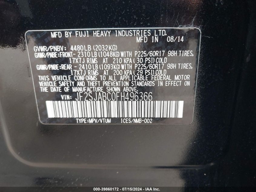 2015 Subaru Forester 2.5I VIN: JF2SJABC0FH496366 Lot: 39860172