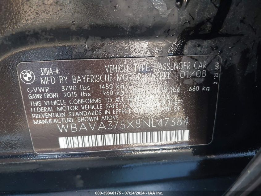2008 BMW 328I I VIN: WBAVA375X8NL47384 Lot: 39860175