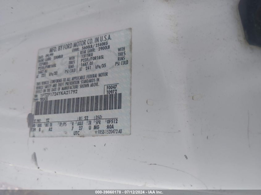 2000 Ford F-150 Work Series/Xl/Xlt VIN: 1FTZF1724YKA21792 Lot: 39860178