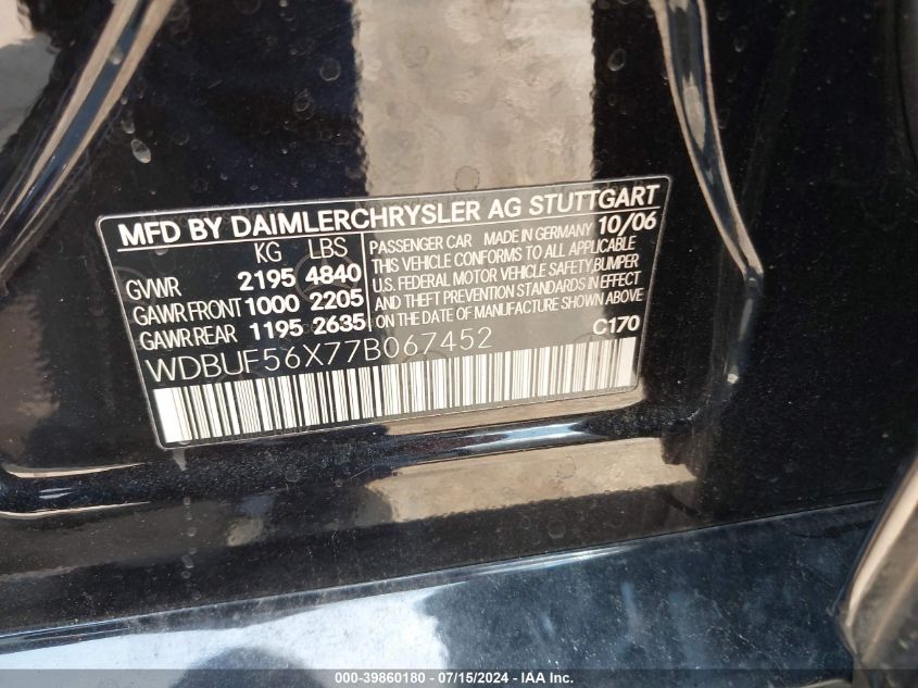 2007 Mercedes-Benz E 350 VIN: WDBUF56X77B067452 Lot: 39860180