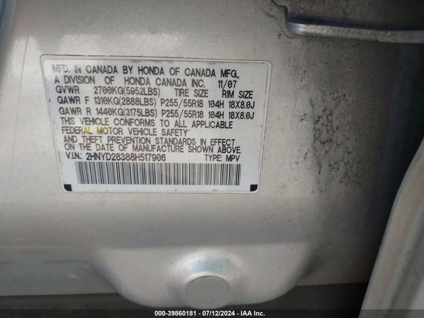 2008 Acura Mdx Technology VIN: 2HNYD28388H517906 Lot: 39860181