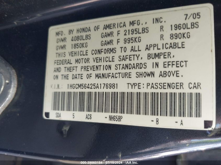 2005 Honda Accord 2.4 Lx VIN: 1HGCM56425A176981 Lot: 39860184