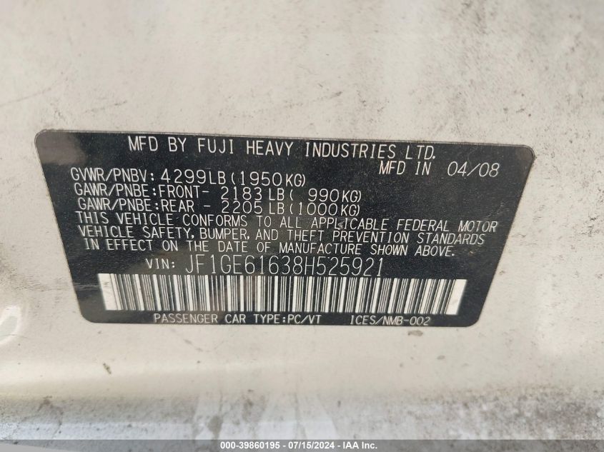 2008 Subaru Impreza 2.5I VIN: JF1GE61638H525921 Lot: 39860195