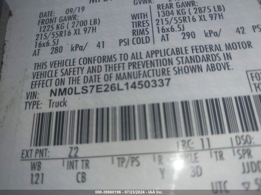 2020 FORD TRANSIT CONNECT XL - NM0LS7E26L1450337