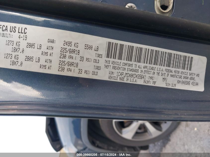 2019 Jeep Cherokee Limited 4X4 VIN: 1C4PJMDX0KD435641 Lot: 39860205
