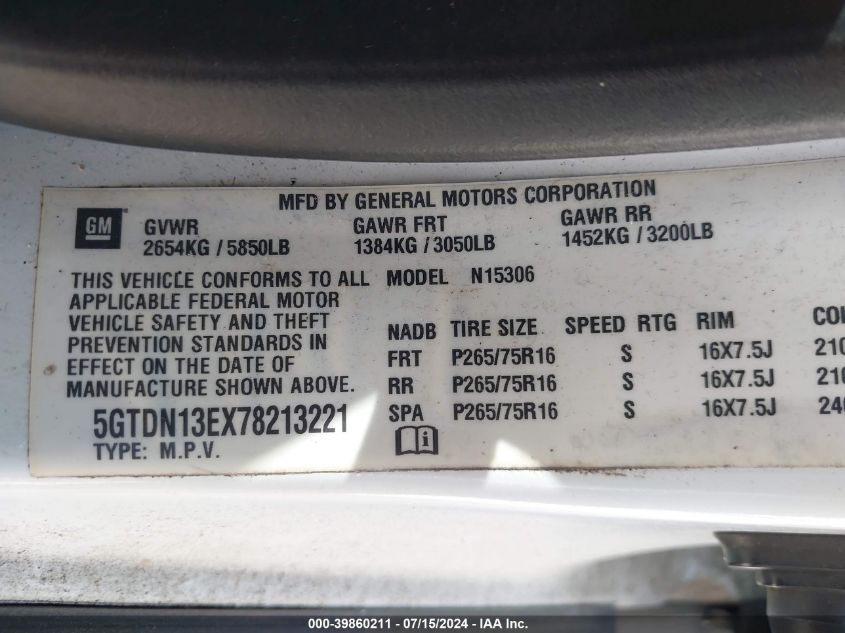 2007 Hummer H3 Suv VIN: 5GTDN13EX78213221 Lot: 39860211