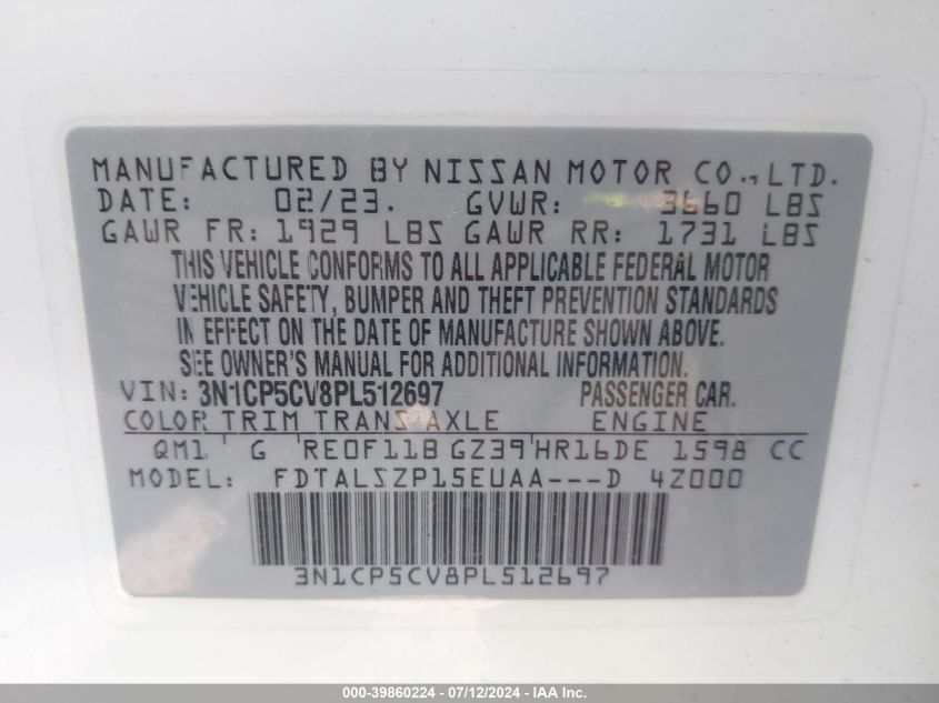 2023 Nissan Kicks Sv VIN: 3N1CP5CV8PL512697 Lot: 39860224