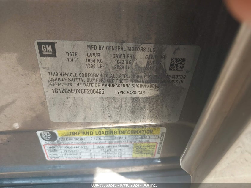 2012 Chevrolet Malibu 1Lt VIN: 1G1ZC5E0XCF206456 Lot: 39860245