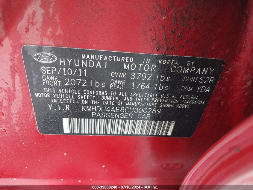 2012 Hyundai Elantra Gls (Ulsan Plant) VIN: KMHDH4AE8CU300289 Lot: 39860248