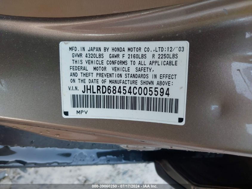 2004 Honda Cr-V Lx VIN: JHLRD68454C005594 Lot: 39860250