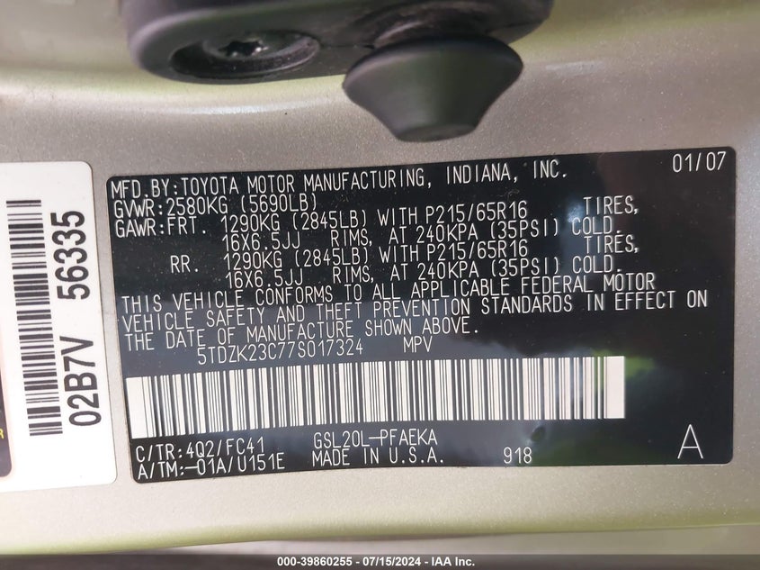 2007 Toyota Sienna Le VIN: 5TDZK23C77S017324 Lot: 39860255