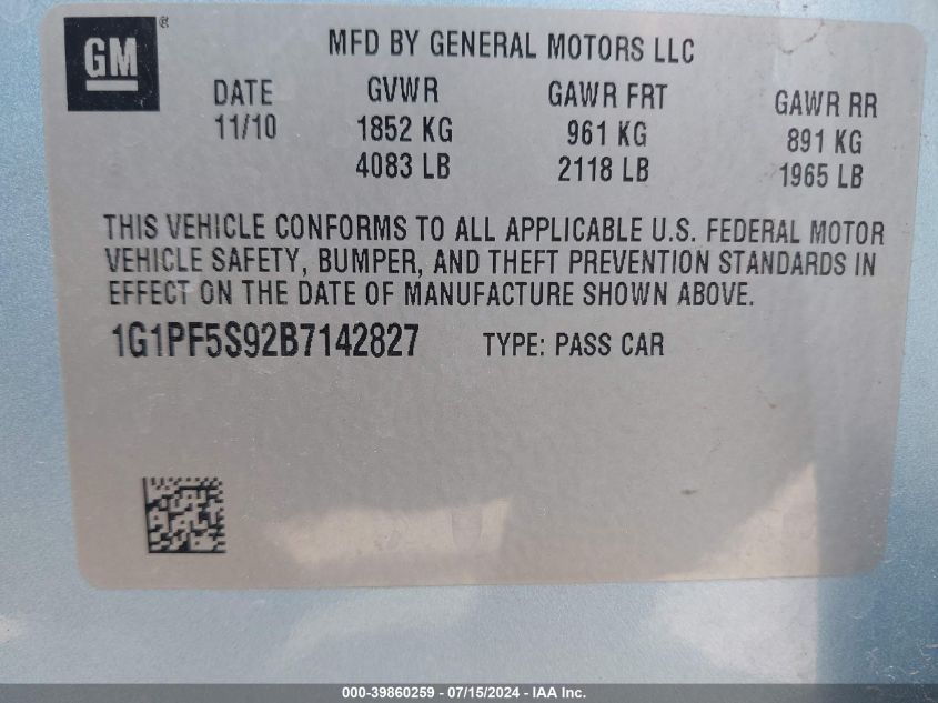 2011 Chevrolet Cruze 1Lt VIN: 1G1PF5S92B7142827 Lot: 39860259