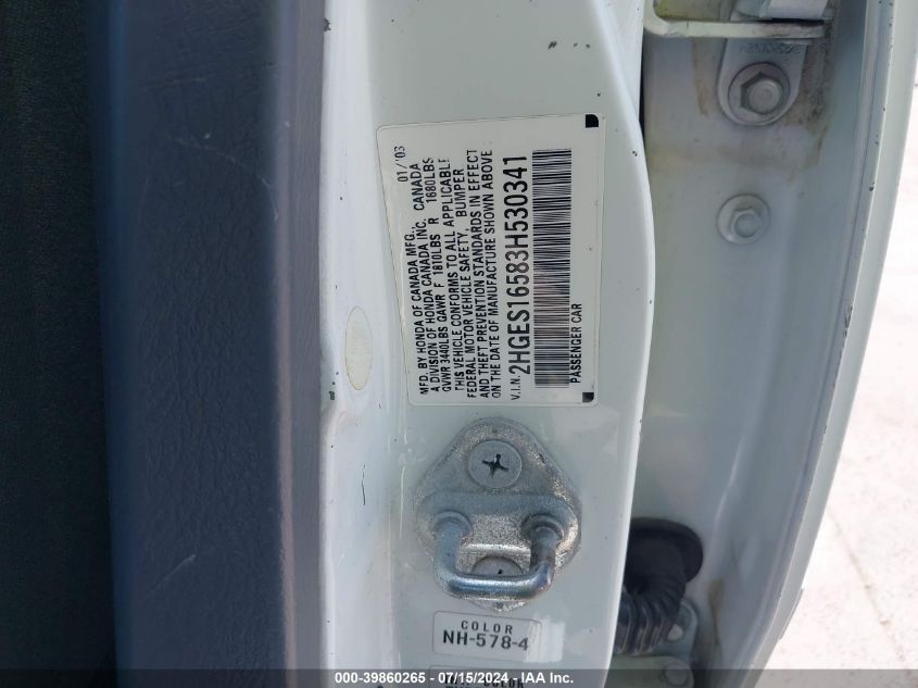 2003 Honda Civic Lx VIN: 2HGES16583H530341 Lot: 39860265