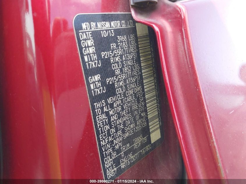 2014 Nissan Juke Sv VIN: JN8AF5MR2ET355738 Lot: 39860271