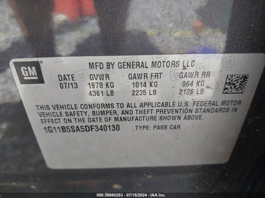 2013 Chevrolet Malibu 1Ls VIN: 1G11B5SA5DF340130 Lot: 39860283