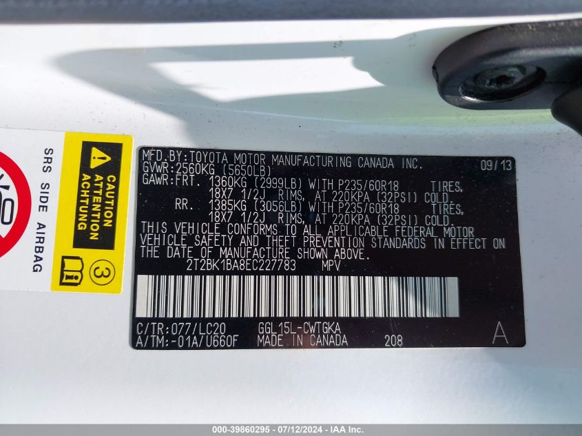 2014 Lexus Rx 350 VIN: 2T2BK1BA8EC227783 Lot: 39860295