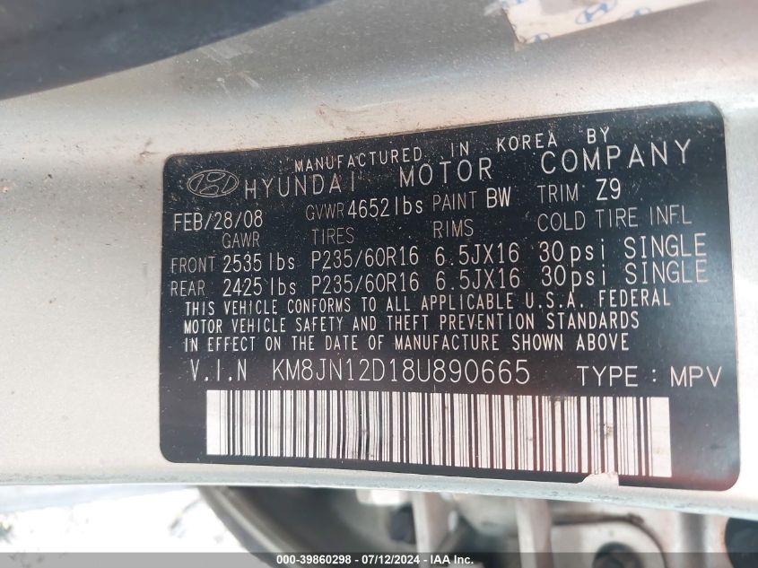 2008 Hyundai Tucson Limited V6/Se VIN: KM8JN12D18U890665 Lot: 39860298