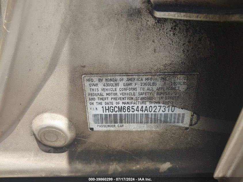 2004 Honda Accord 3.0 Ex VIN: 1HGCM66544A027310 Lot: 39860299