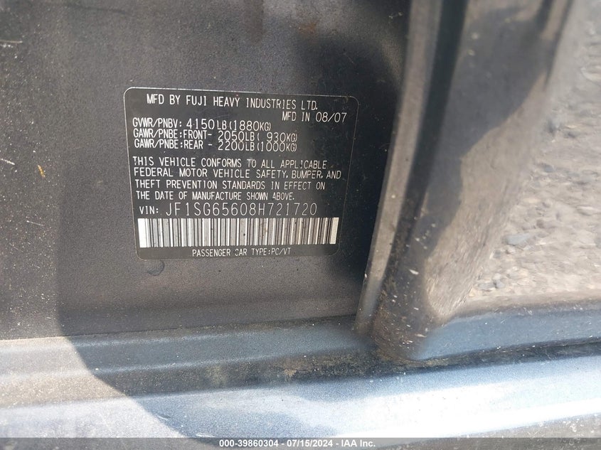 2008 Subaru Forester 2.5X VIN: JF1SG65608H721720 Lot: 39860304
