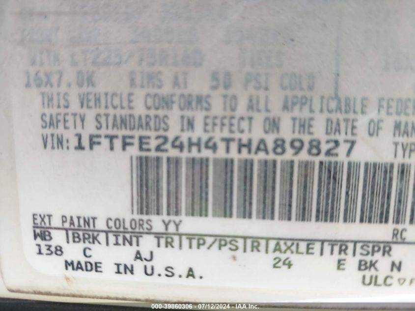 1996 Ford Econoline E250 Van VIN: 1FTFE24H4THA89827 Lot: 39860306
