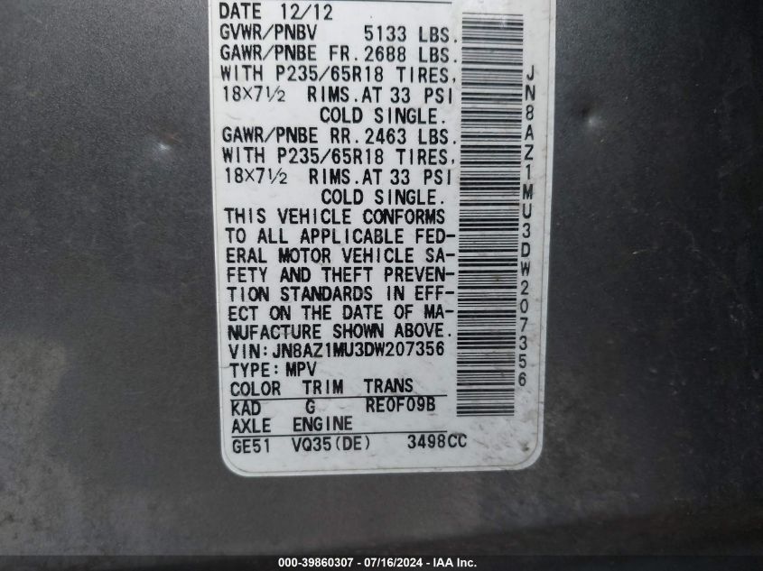 2013 Nissan Murano Sv VIN: JN8AZ1MU3DW207356 Lot: 39860307