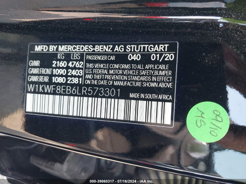 2020 Mercedes-Benz C 300 4Matic VIN: W1KWF8EB6LR573301 Lot: 39860317