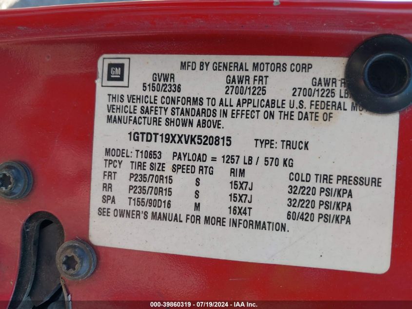 1997 GMC Sonoma Sls Wideside VIN: 1GTDT19XXVK520815 Lot: 39860319