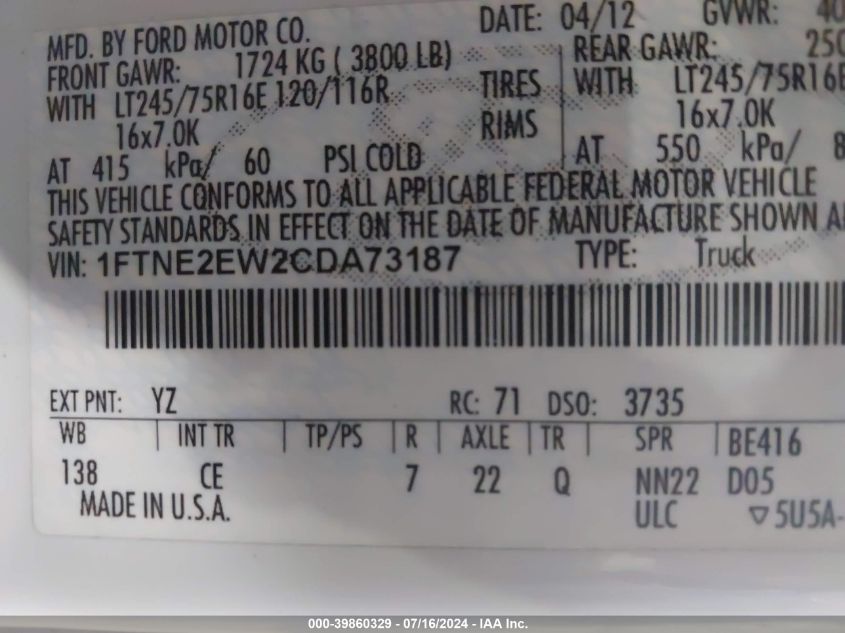 2012 Ford E-250 Commercial VIN: 1FTNE2EW2CDA73187 Lot: 39860329