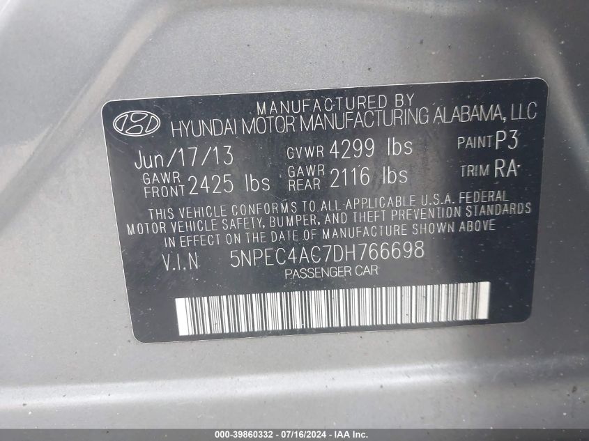 2013 Hyundai Sonata Se/Limited VIN: 5NPEC4AC7DH766698 Lot: 39860332