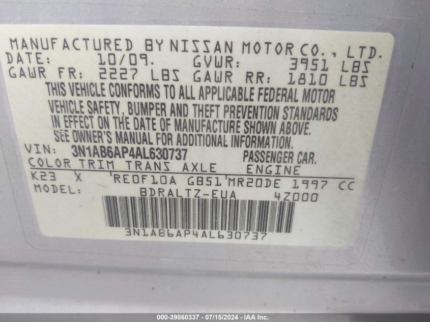 2010 Nissan Sentra 2.0S VIN: 3N1AB6AP4AL630737 Lot: 39860337