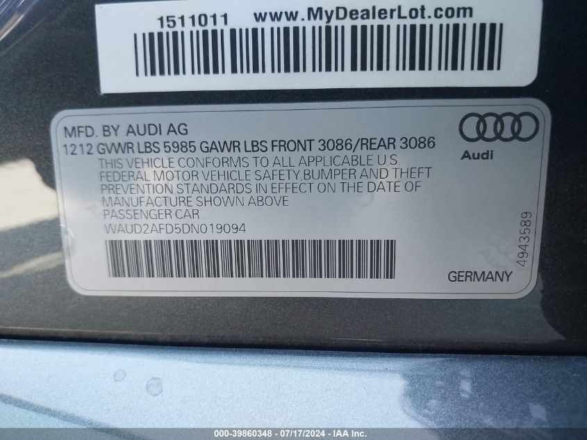 2013 Audi S8 4.0T VIN: WAUD2AFD5DN019094 Lot: 39860348