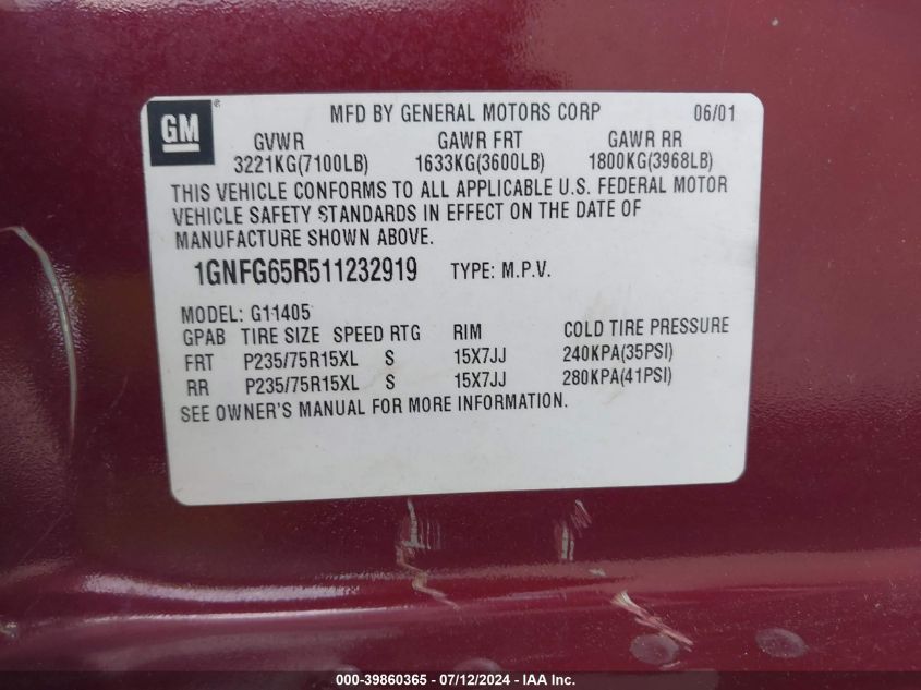 2001 Chevrolet Express Lt VIN: 1GNFG65R511232919 Lot: 39860365