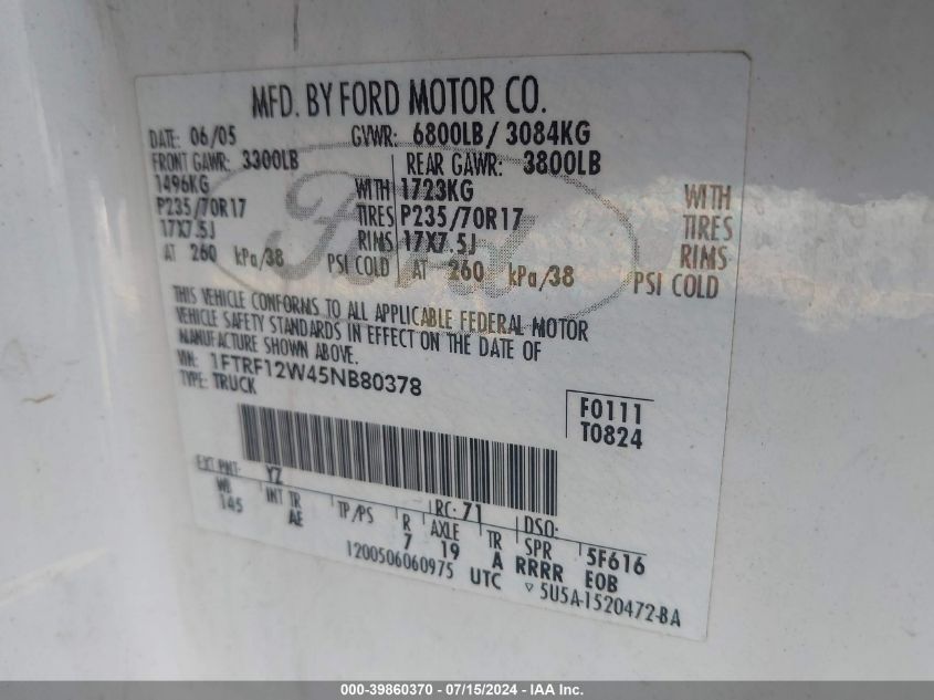 2005 Ford F-150 Stx/Xl/Xlt VIN: 1FTRF12W45NB80378 Lot: 39860370