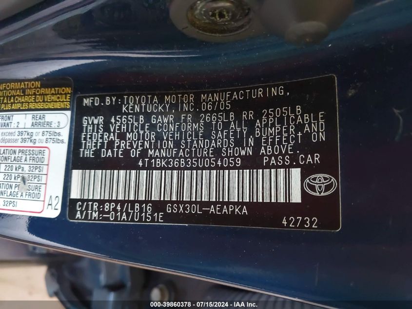 2005 Toyota Avalon Limited VIN: 4T1BK36B35U054059 Lot: 39860378