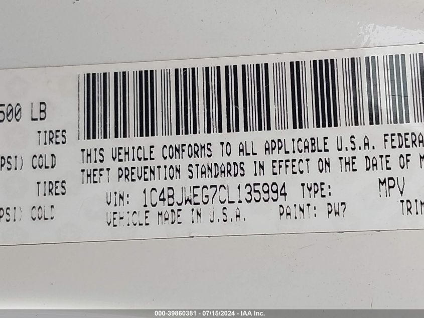 2012 Jeep Wrangler Unlimited Sahara VIN: 1C4BJWEG7CL135994 Lot: 39860381