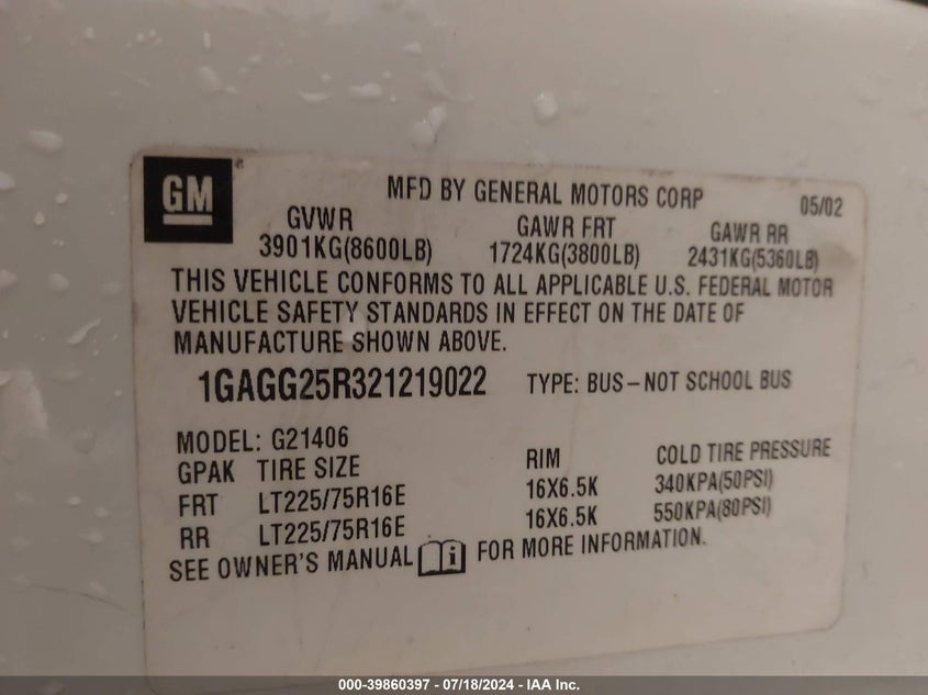 2002 Chevrolet Express VIN: 1GAGG25R321219022 Lot: 39860397