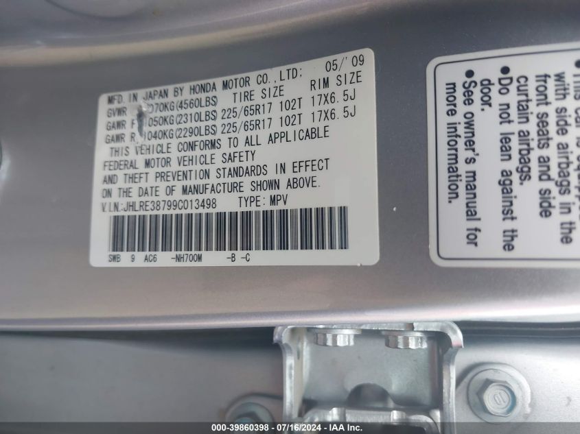 2009 Honda Cr-V Ex-L VIN: JHLRE38799C013498 Lot: 39860398
