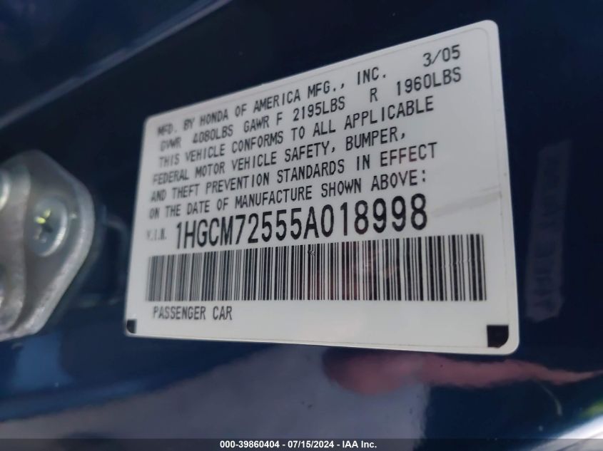 2005 Honda Accord Cpe Lx VIN: 1HGCM72555A018998 Lot: 39860404