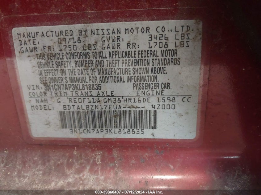 2019 Nissan Versa 1.6 Sv VIN: 3N1CN7AP3KL818835 Lot: 39860407
