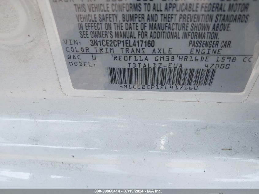 2014 Nissan Versa Note Sv VIN: 3N1CE2CP1EL417160 Lot: 39860414