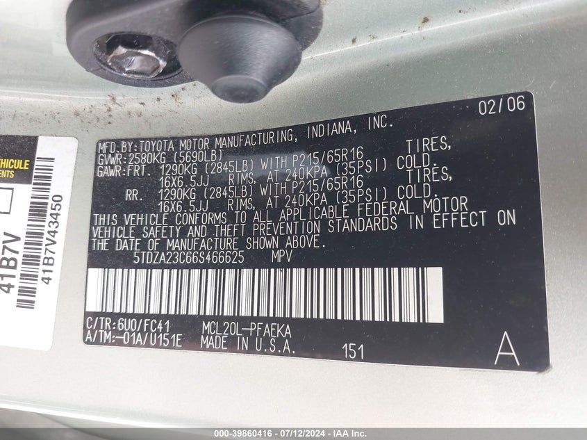 2006 Toyota Sienna Le VIN: 5TDZA23C66S466625 Lot: 39860416