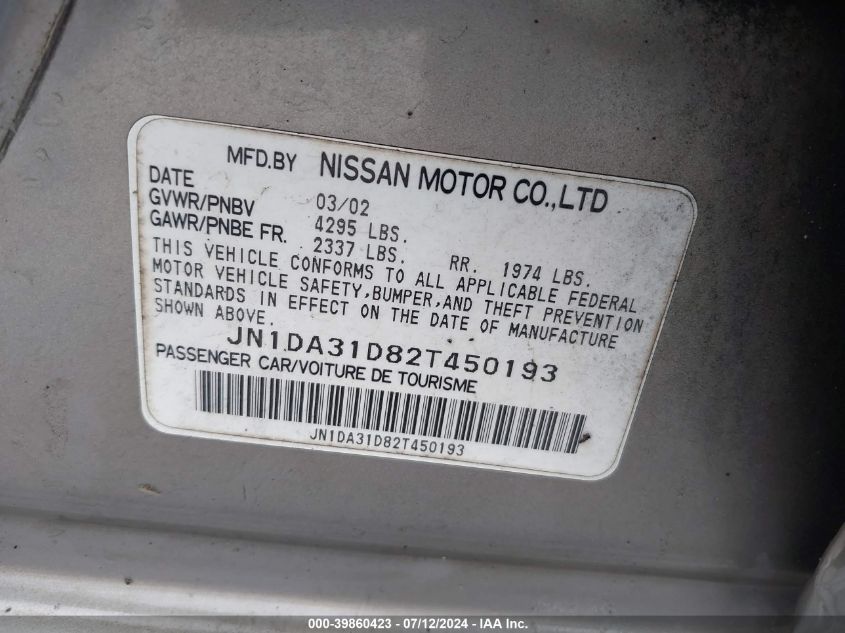 2002 Nissan Maxima Gle VIN: JN1DA31D82T450193 Lot: 39860423