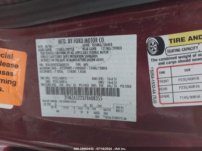 2007 Ford Freestar Sel VIN: 2FMZA52237BA08355 Lot: 39860430