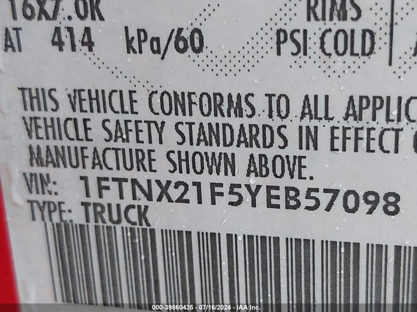2000 Ford F250 Super Duty VIN: 1FTNX21F5YEB57098 Lot: 39860435